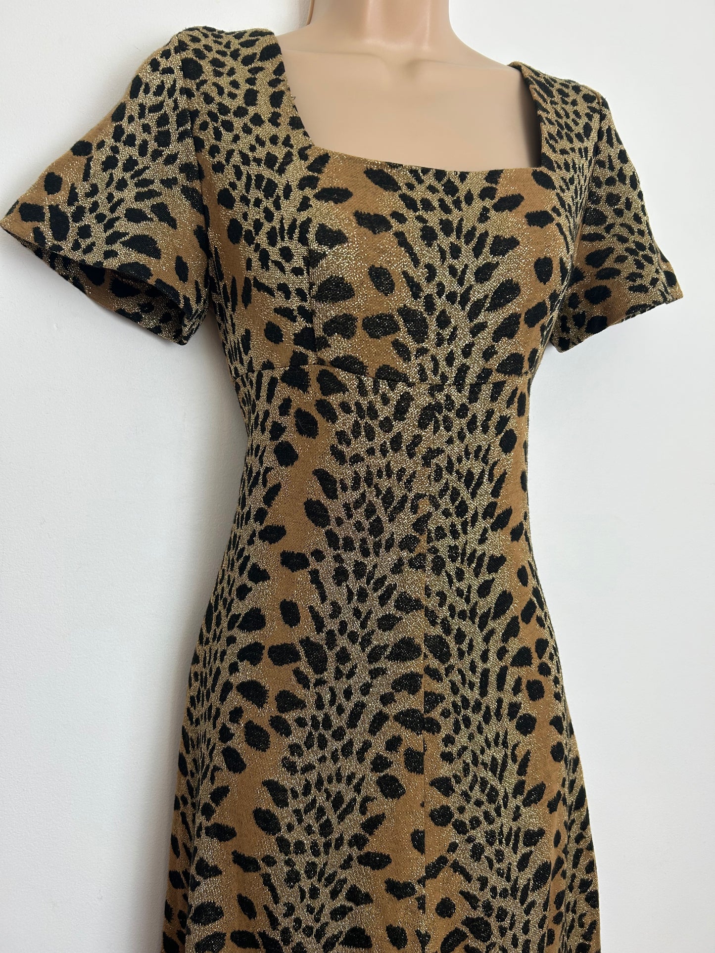 Vintage 1970s MADEMOISELLE Size 8 Black Tan & Gold Lurex Animal Print Evening Maxi Dress