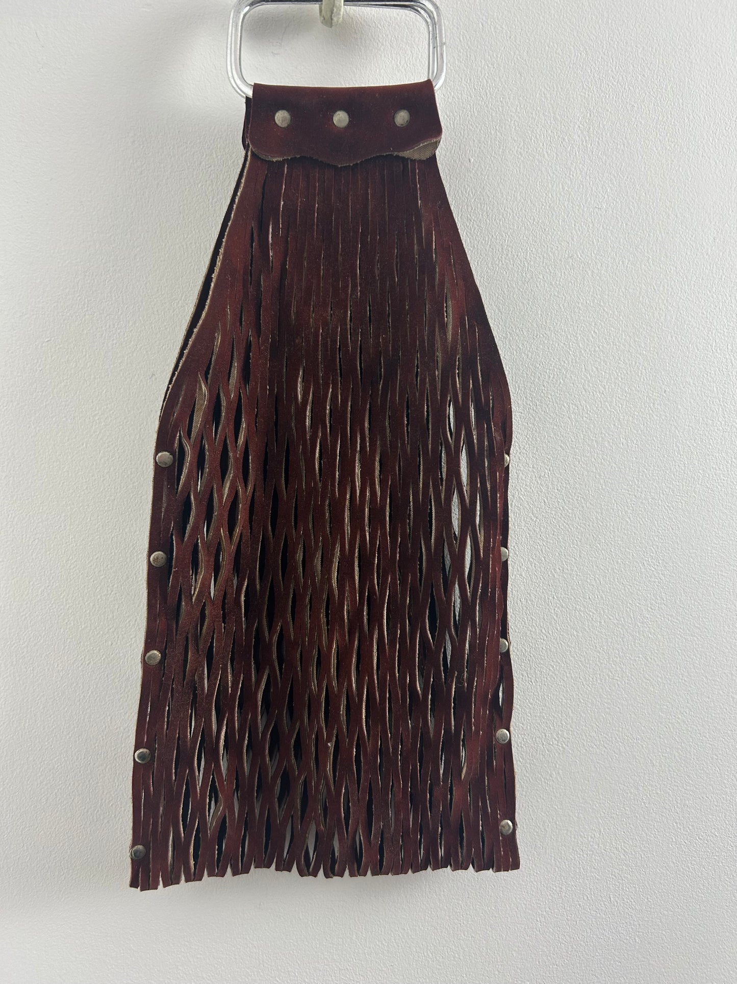 Vintage Late 1960s Brown Suede Leather Lattice Cutwork Stretchy Boho Bag