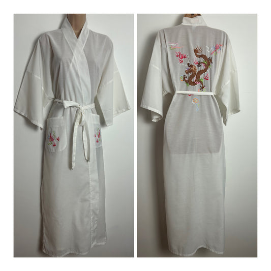 Vintage Size XL (Up to Size 16/18) LONGEVITY Chinese Embroidered Dragon Detail Wrap Dressing Gown House Coat