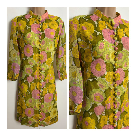 Vintage 1960s UK Size 14 White Yellow Pink & Green Floral Print Long Sleeve Button Through Mod Shift Dress