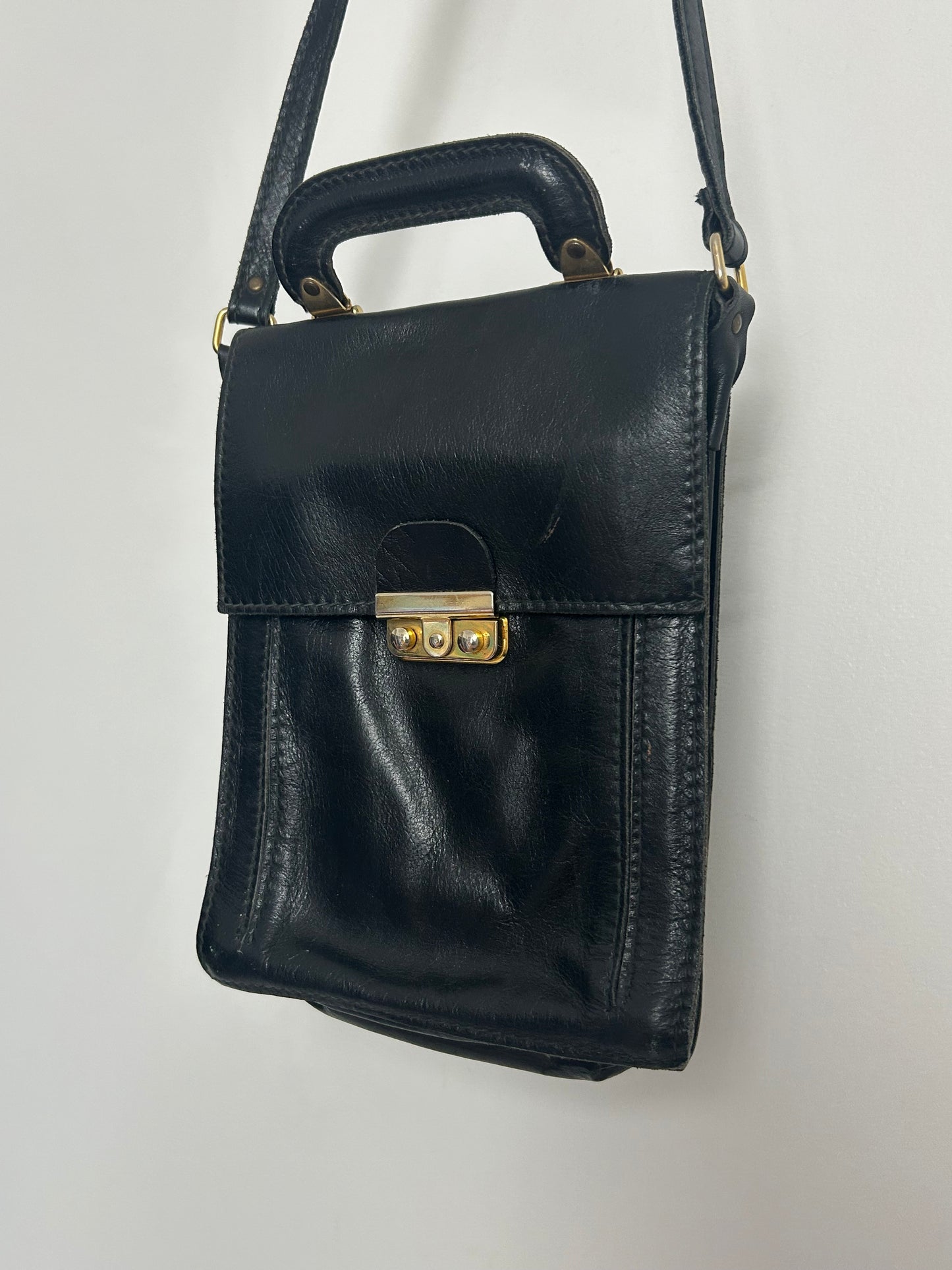 Vintage 1970s Black Leather Satchel Style Shoulder Bag