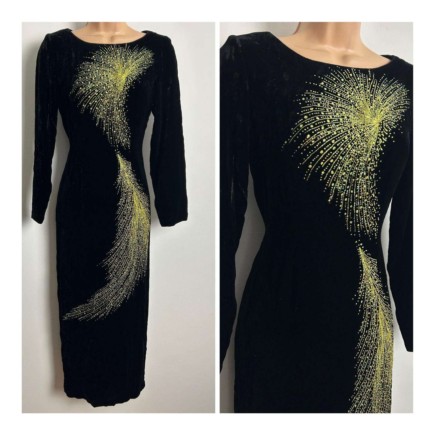 Vintage 1990s Size 8 Black Velour Gold & Green Shimmery Glitter Detail Midi Occasion Evening Dress