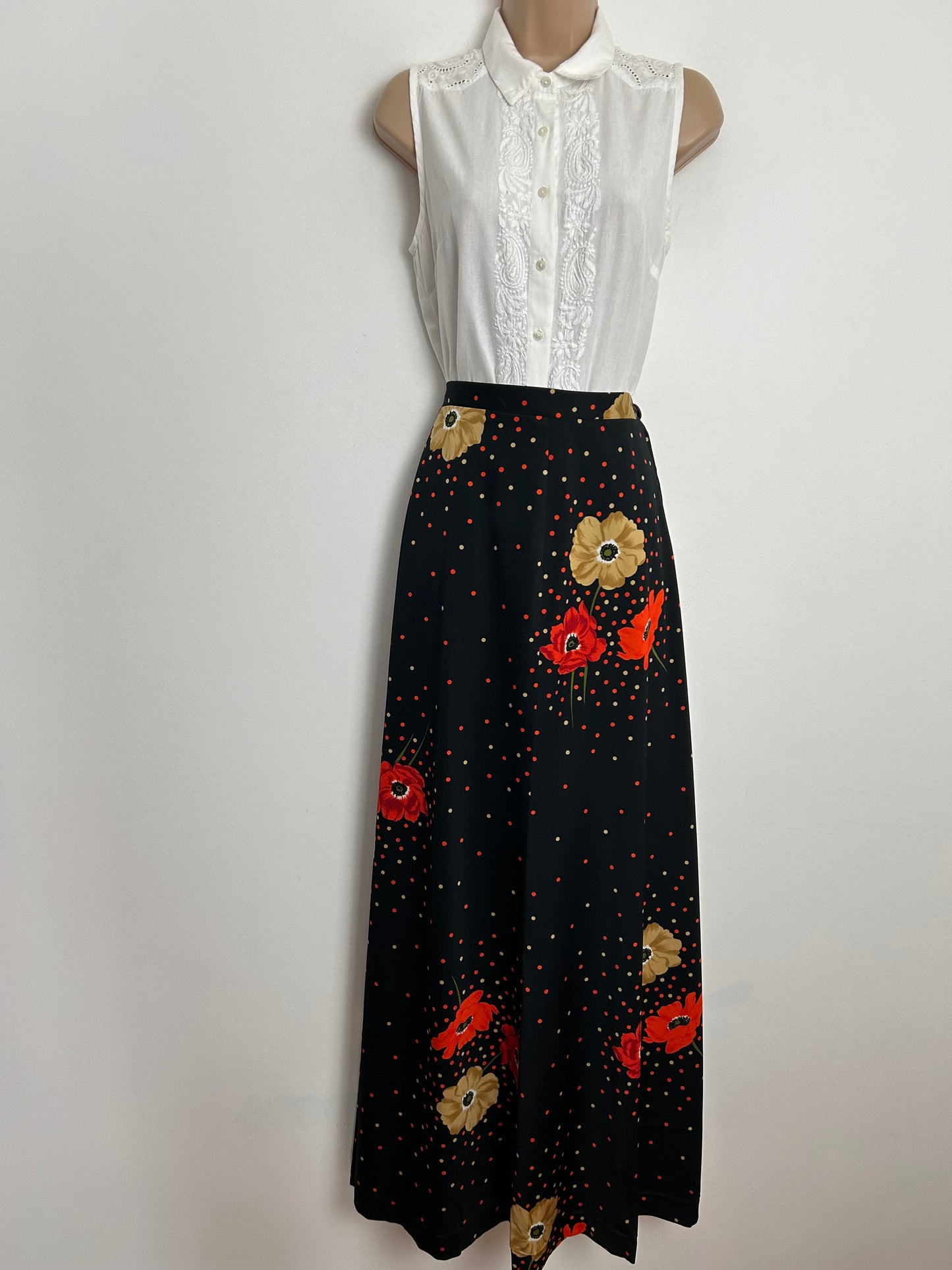 Vintage 1970s UK Size 10 Black Orange & Sandy Beige Floral & Polka Dot Print Maxi Skirt
