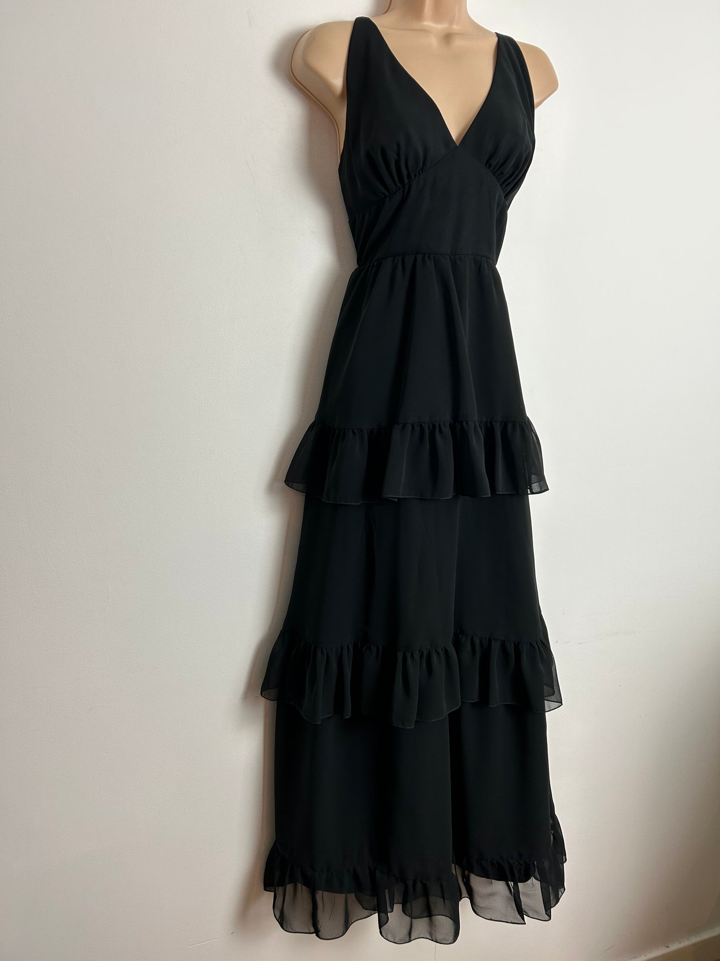 Vintage 1970s UK Size 6 Black Chiffon Layered Occasion Evening Party Maxi Dress