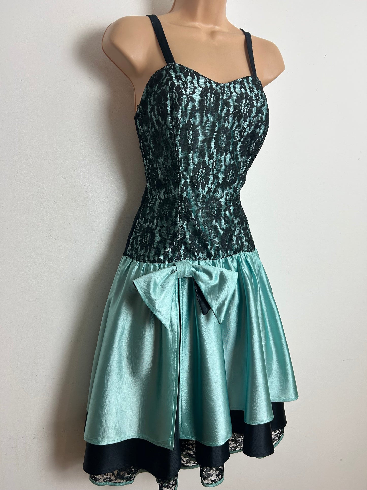 Vintage 1980s C&A Size 8-10 Black & Pale Blue Lace Bow Detail Party Prom Evening Dress