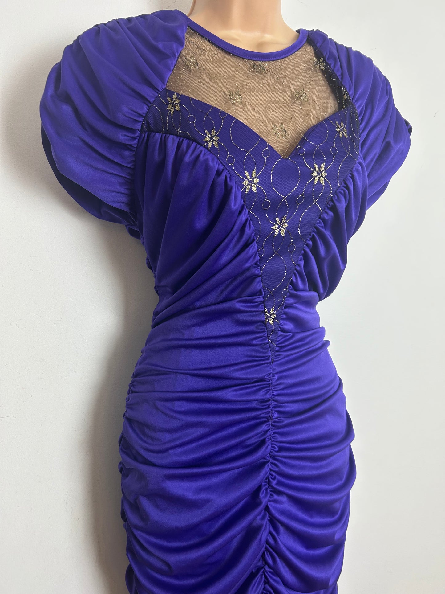 Vintage 1980s Size 10-12 Purple Ruched Draped Mesh Panel Open Back Fitted Wiggle Xmas Party Dress