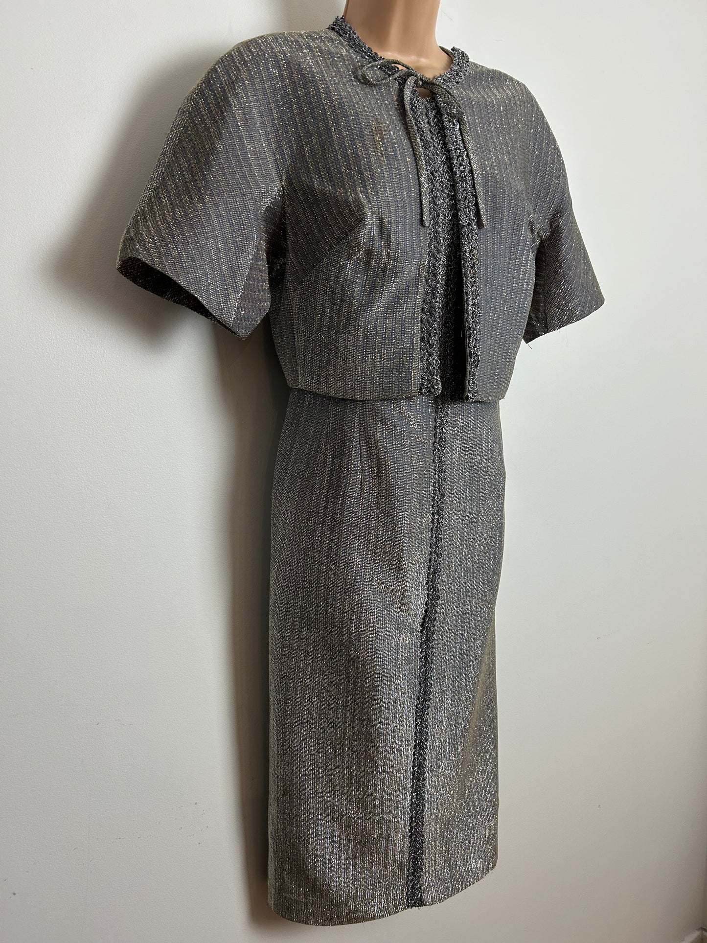 Vintage 1960s BERBRIGHT LONDON Size 12 Silver Lurex Braid Trim Evening Party Dress & Matching Cropped Jacket