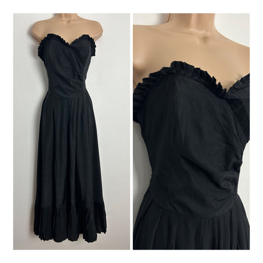Vintage 1980s MONSOON UK Size 8 Black Strapless Pleated Occasion Evening Ballgown Party Prom Dress