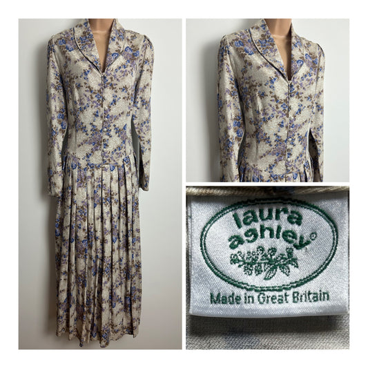 Vintage 1980s LAURA ASHLEY Size 12 Beige Blue & Lilac Floral Wool Mix Pleated Maxi Dress