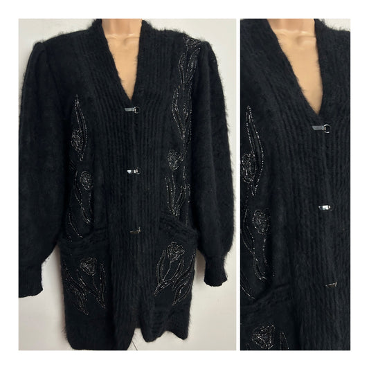 Vintage 1980s MONALIZA HIGH FASHION One Size Slouchy Black Angora Mix Long Line Fully Lined Cardigan Coatigan