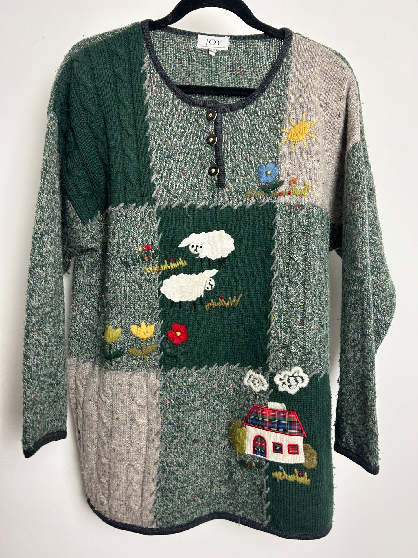 Vintage 1980s JOY Size 14/16 Slouchy Green Sheep Flowers & Cottage Applique Wool Mix Jumper