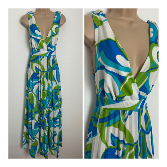Vintage 1970s JERSEYFIELD Size 8 White Blue & Green Abstract Print Pleated Summer Maxi Dress