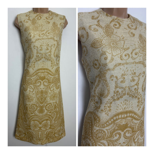 Vintage 1960s INA MODELL Size 10 Cream & Beige Floral Print 100% Mohair Shift Dress