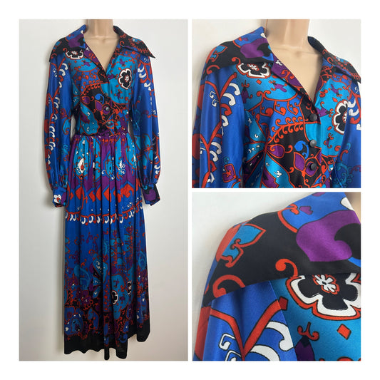 Vintage 1970s BERKERTEX Size 10-12 Blue Turquoise Purple & Red Abstract Print Dagger Collar Long Sleeve Maxi Dress