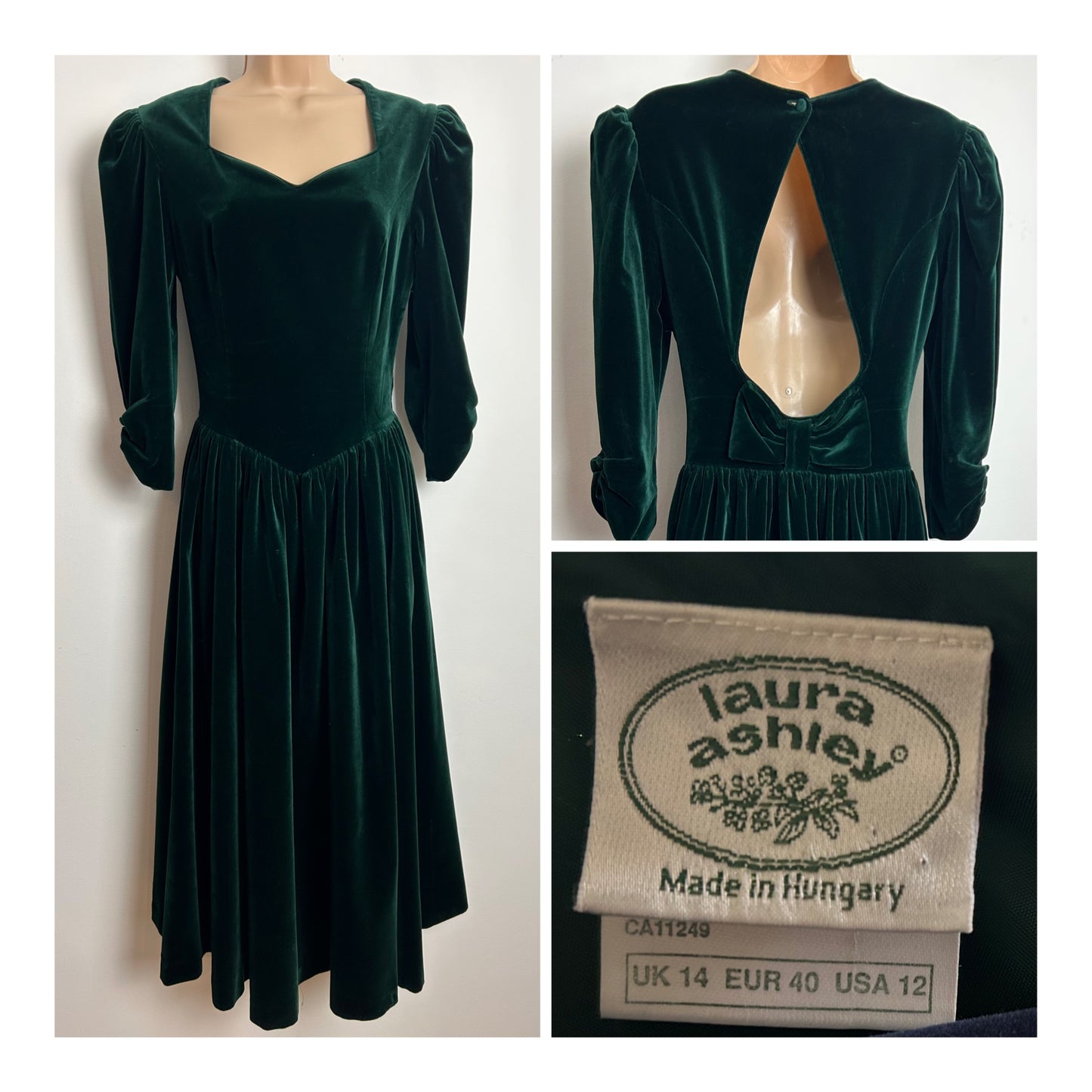 Vintage 1980s LAURA ASHLEY Made In Hungary Size 10 (14 On Label) Bottle Green Velvet Open Back Midi Dress