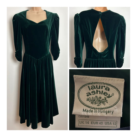 Vintage 1980s LAURA ASHLEY Made In Hungary Size 10 (14 On Label) Bottle Green Velvet Open Back Midi Dress