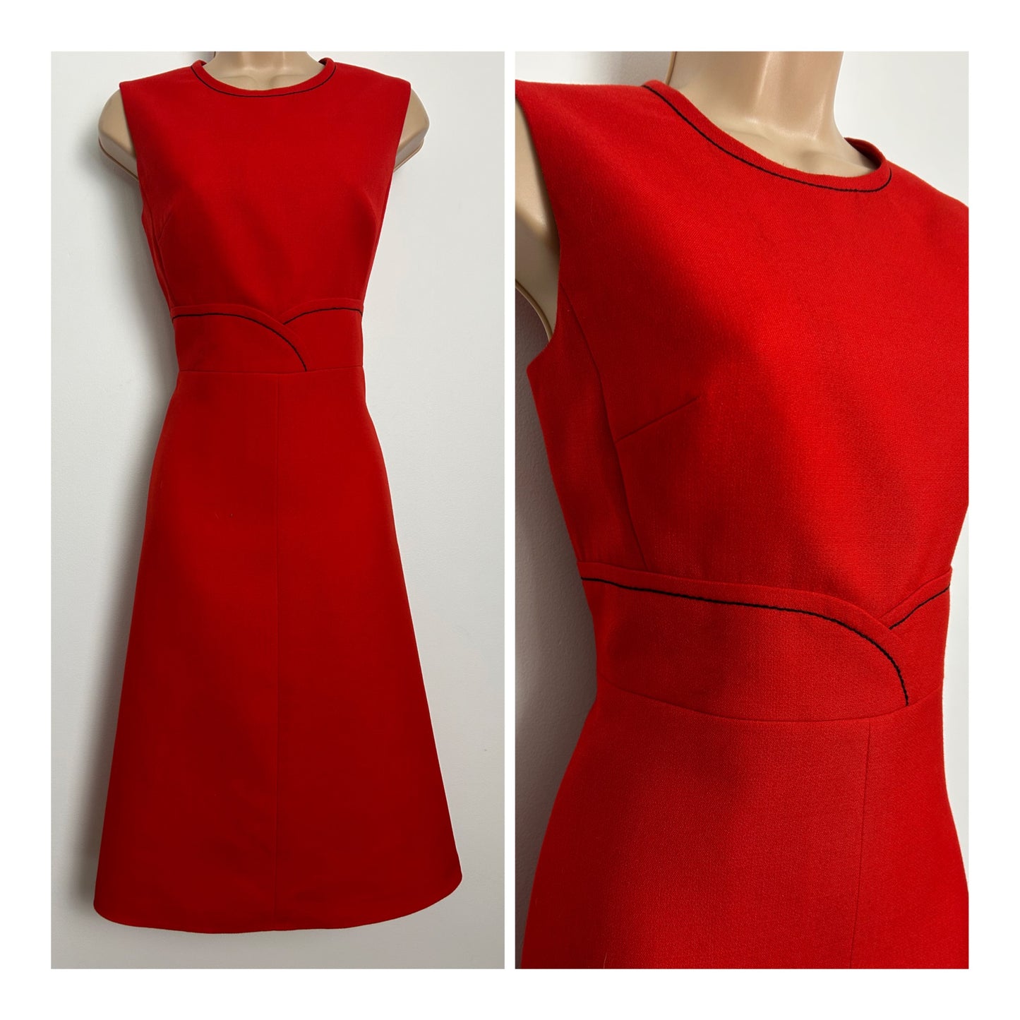 Vintage 1960s Size 8-10 Red Black Stitch Detail New Wool Mod Dress