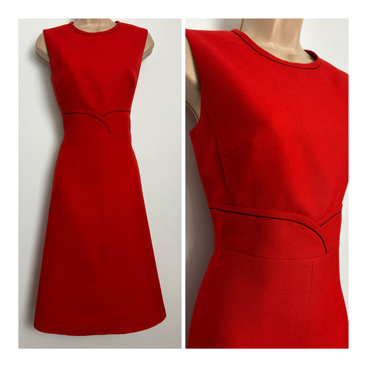 Vintage 1960s Size 8-10 Red Black Stitch Detail New Wool Mod Dress