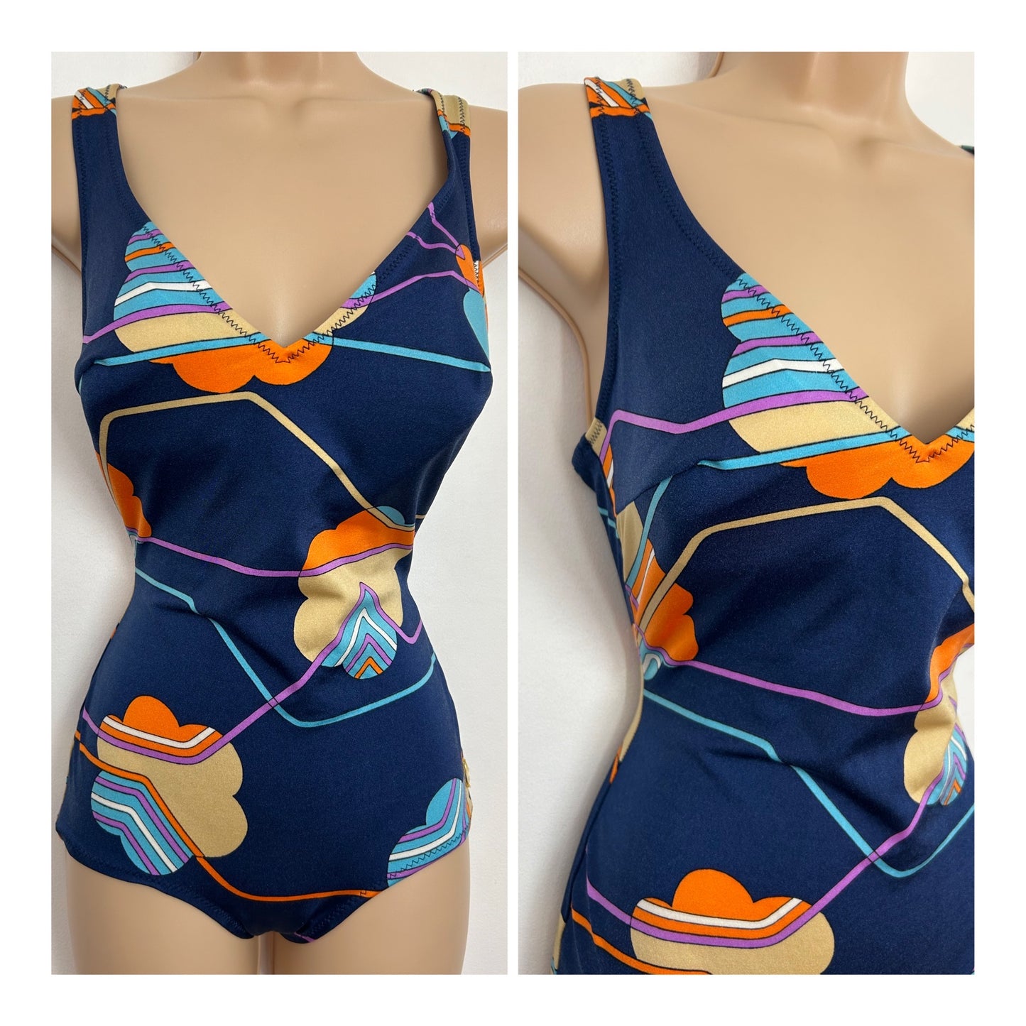 Vintage 1970s TRIUMPH INTERNATIONAL UK Size 12 Navy Blue Orange Beige & Blue Stripe & Floral Print TONGA Swimsuit