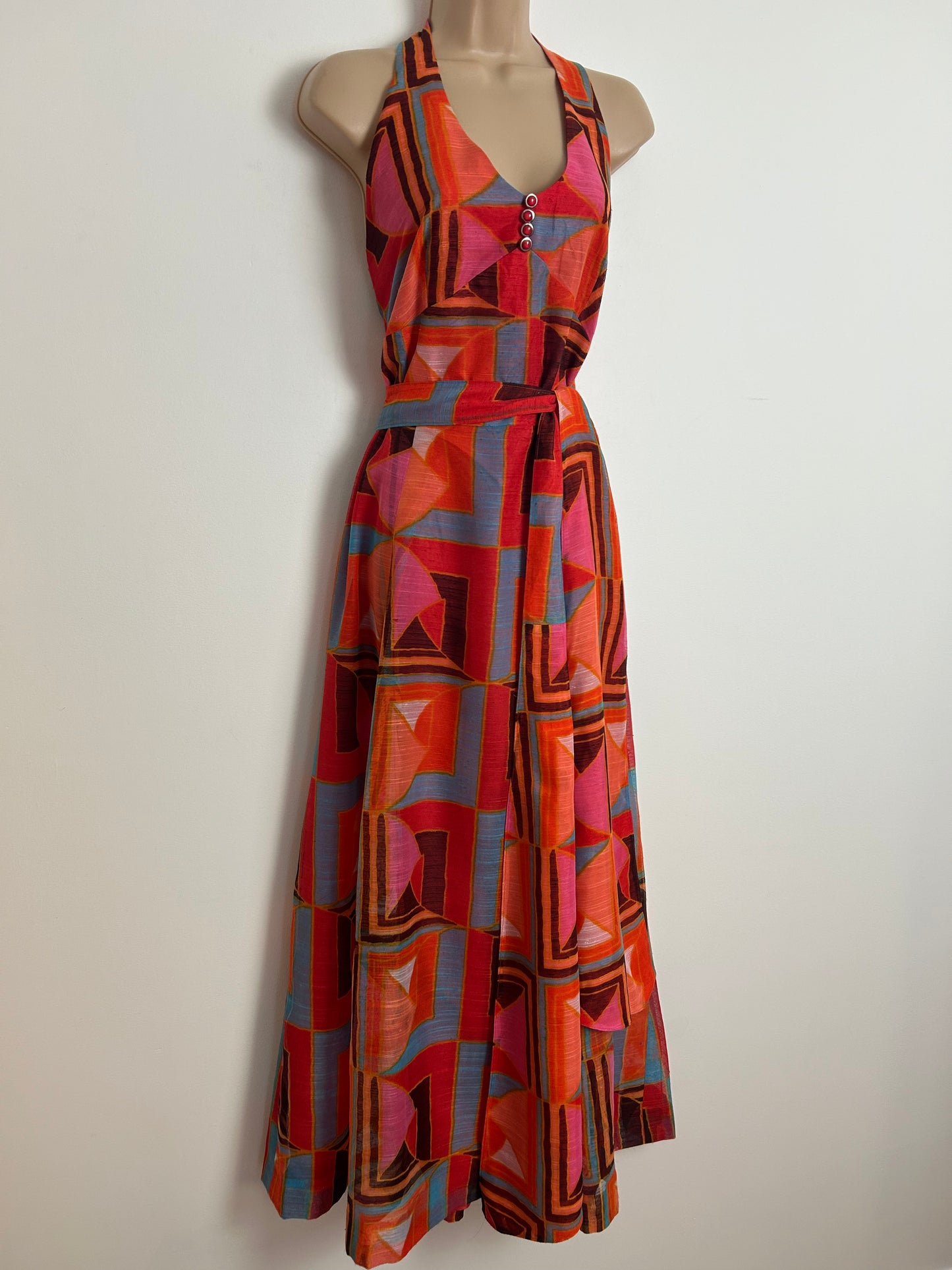 Vintage 1970s UK Size 14 Red Blue Orange & Black Geo Print Halterneck Belted Maxi Dress