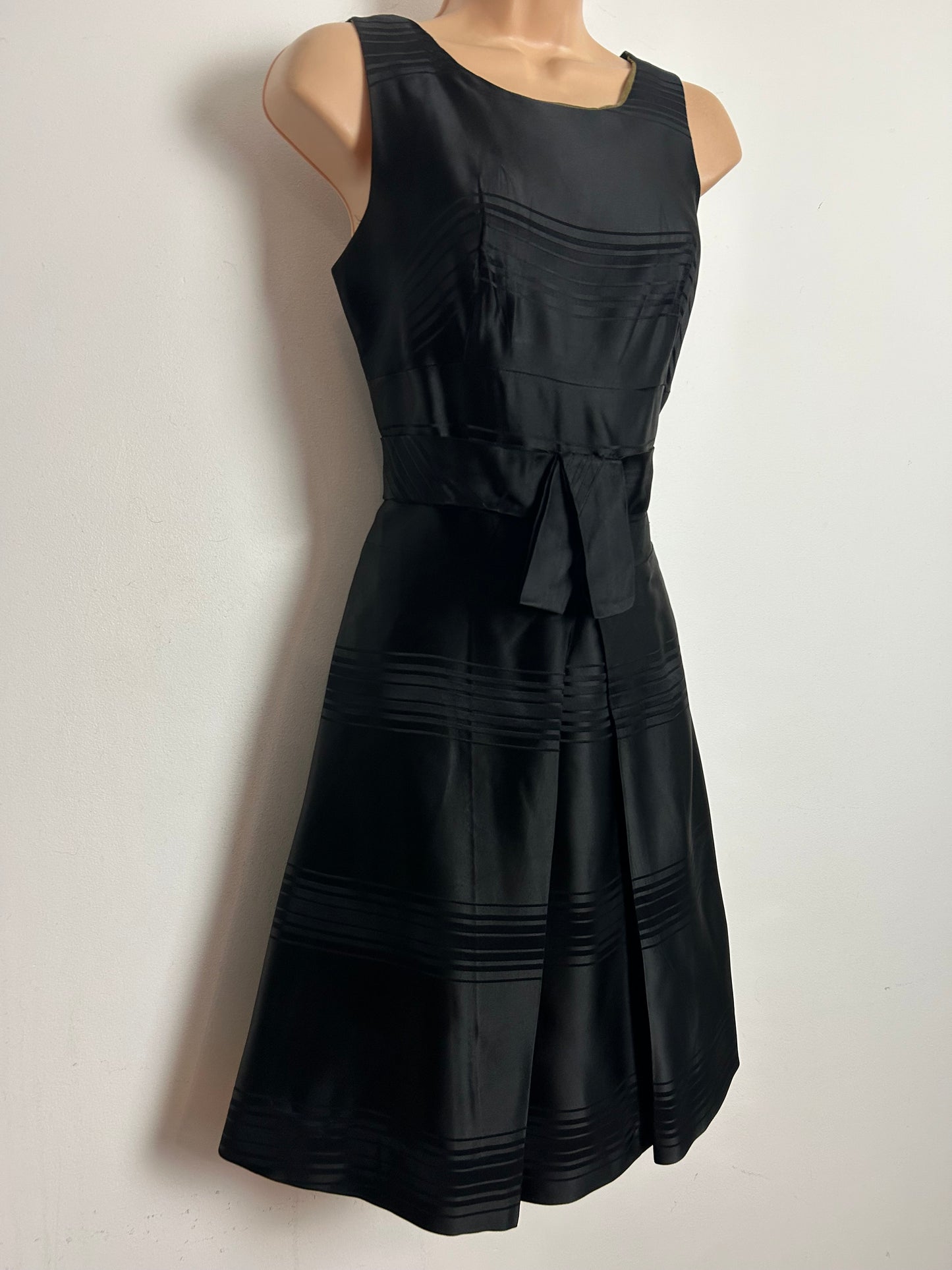 Vintage 1960s Size 8 Black Stripe Satin Sash Belted Party Dress