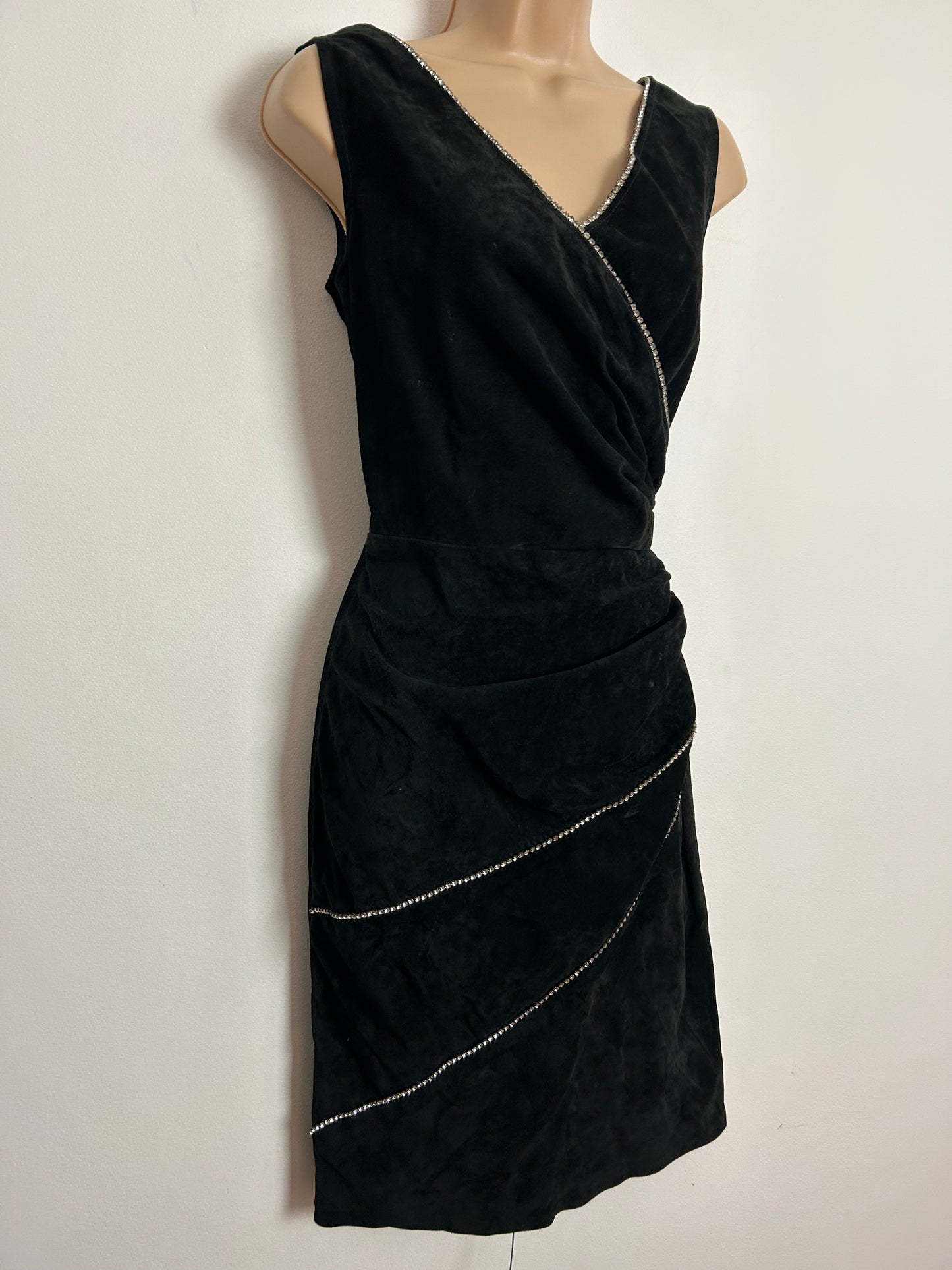 Vintage 1980s JACQUES SAC UK Size 6-8 Black Real Suede Leather Diamante Detail Fitted Cocktail Party Dress