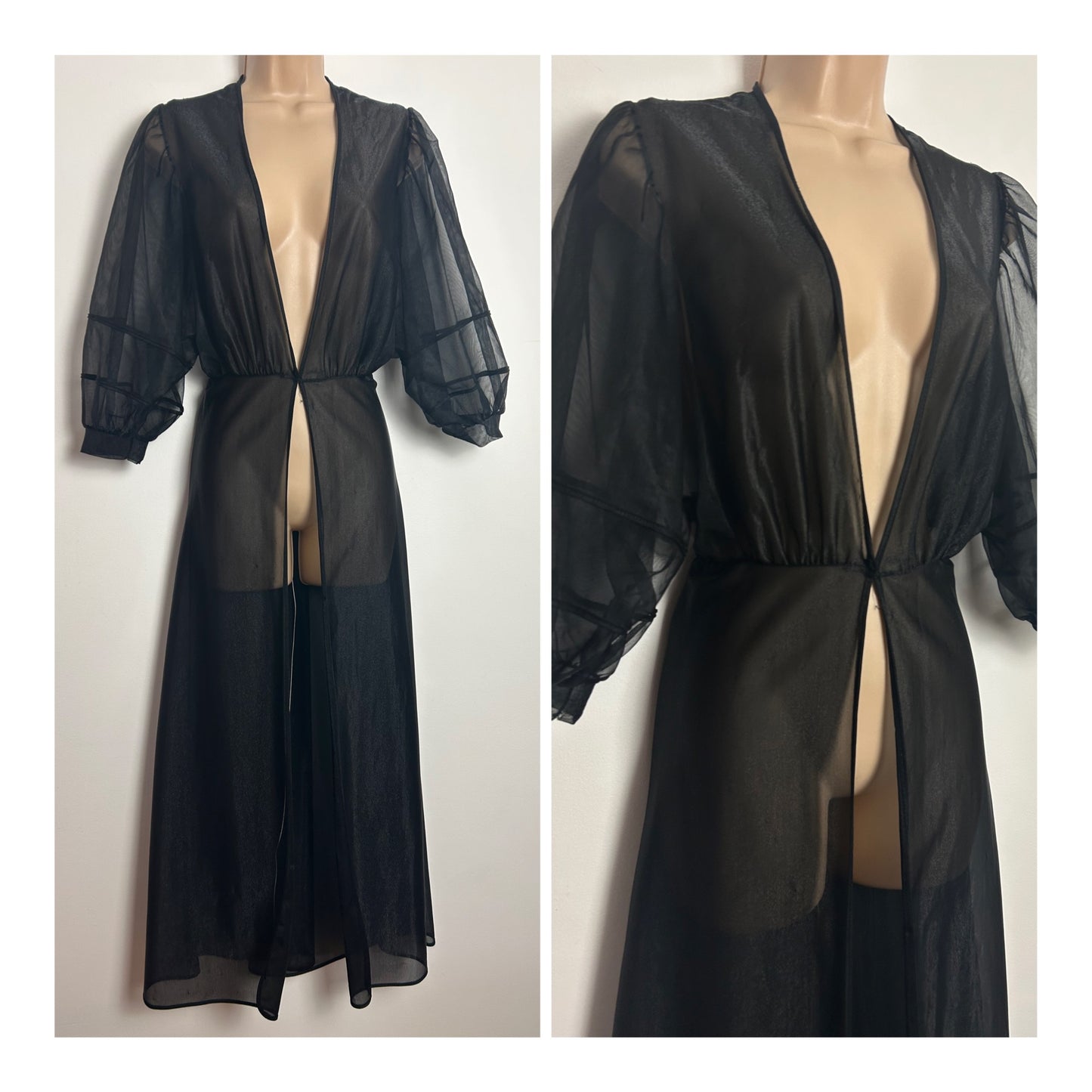 Vintage 1970s Size 8 Black Nylon Mid Sleeves Peignoir Negligee House Coat