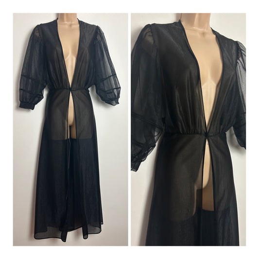 Vintage 1970s Size 8 Black Nylon Mid Sleeves Peignoir Negligee House Coat