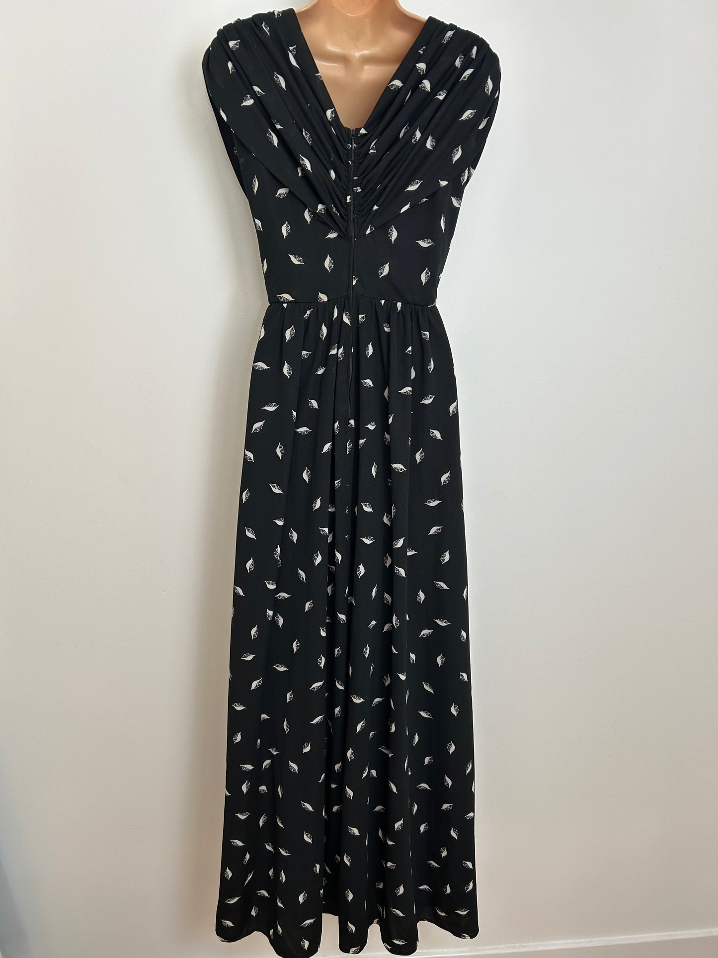 Vintage Early 1980s Size 10 Black & White Leaf Print Gather Pleated Plaited Detail Maxi Dress