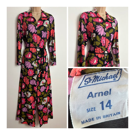 Vintage 1970s ST MICHAEL Size 14 Black Pink Coral & Green Floral Print Long Sleeve Belted Wide Leg Jumpsuit
