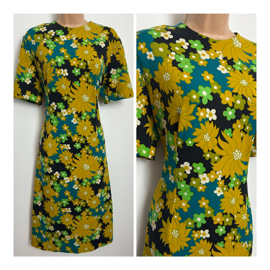 Vintage 1960s Size 12-14 Black Mustard Teal & Green Floral Print Mod Shift Dress