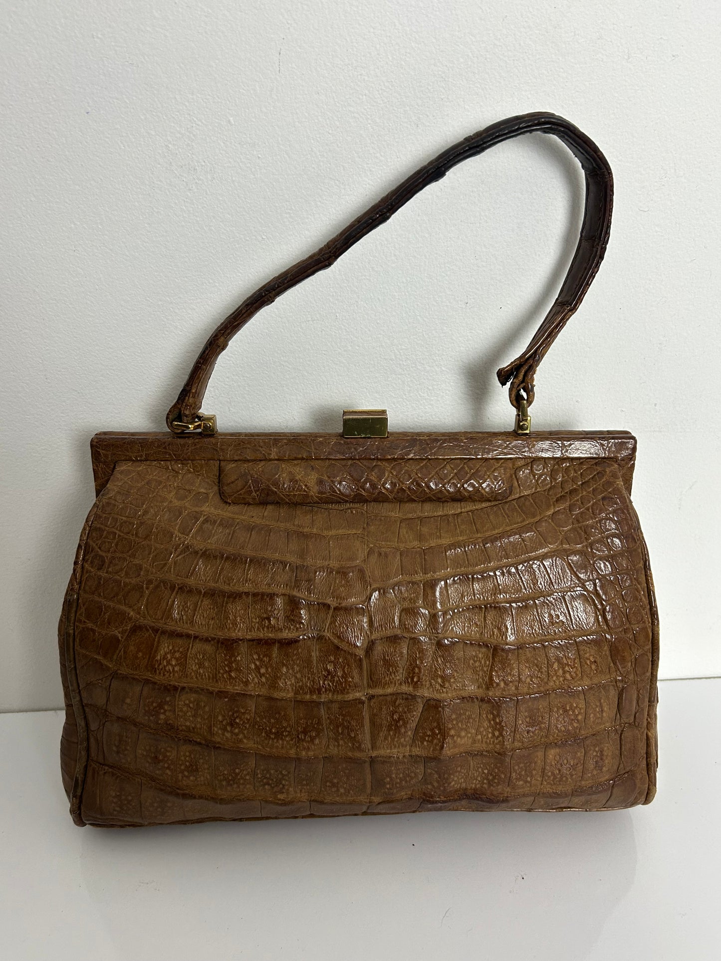 Vintage 1960s Dark Tan Brown Crocodile Leather Kelly Style Handbag