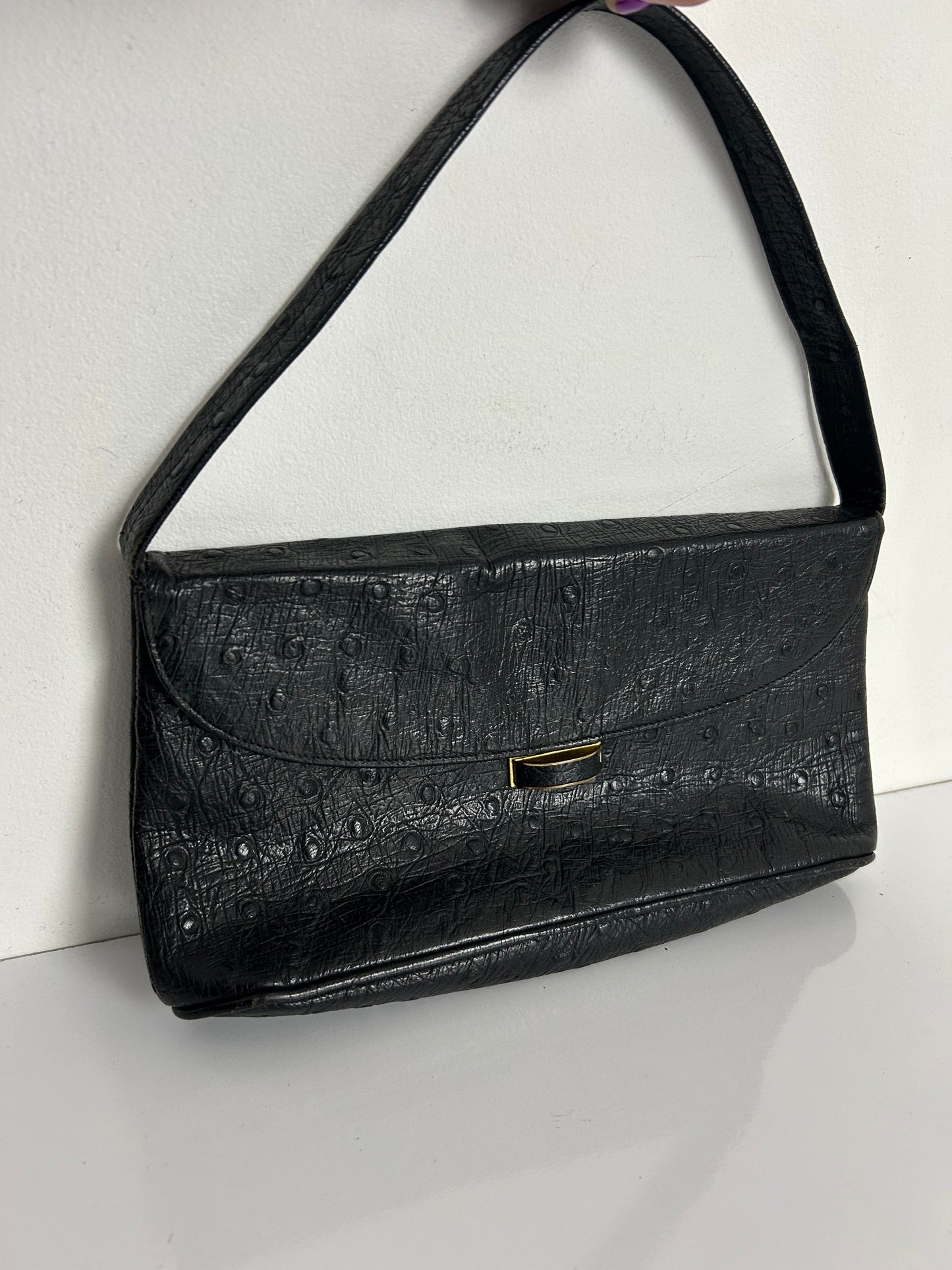 Vintage 1960s Black Ostrich Print Leather Small Handbag