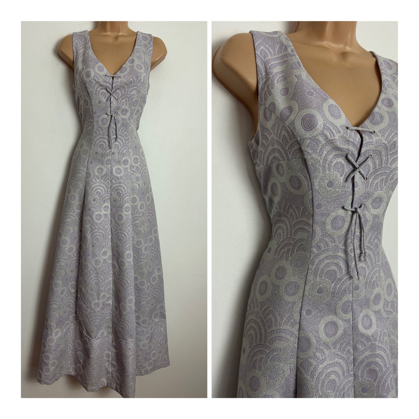 Vintage 1970s UK Size 8 Pale Lilac & Silver Lurex Abstract Deco & Circle Print Occasion Maxi Dress