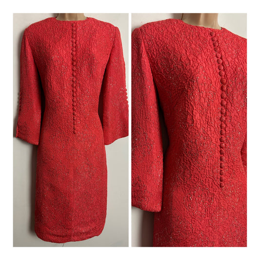 Vintage 1960s UK Size 12 Coral & Metallic Gold Textured Fabric Short Sleeve Mod Shift Party Dress