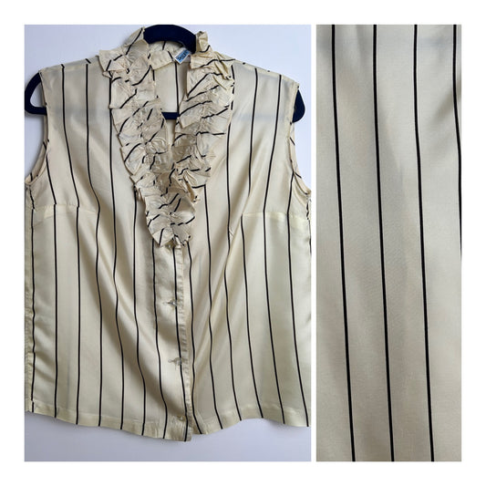Vintage Early 1970s Size 10 Cream & Dark Brown Stripe Print Sleeveless Ruffle Trim Blouse