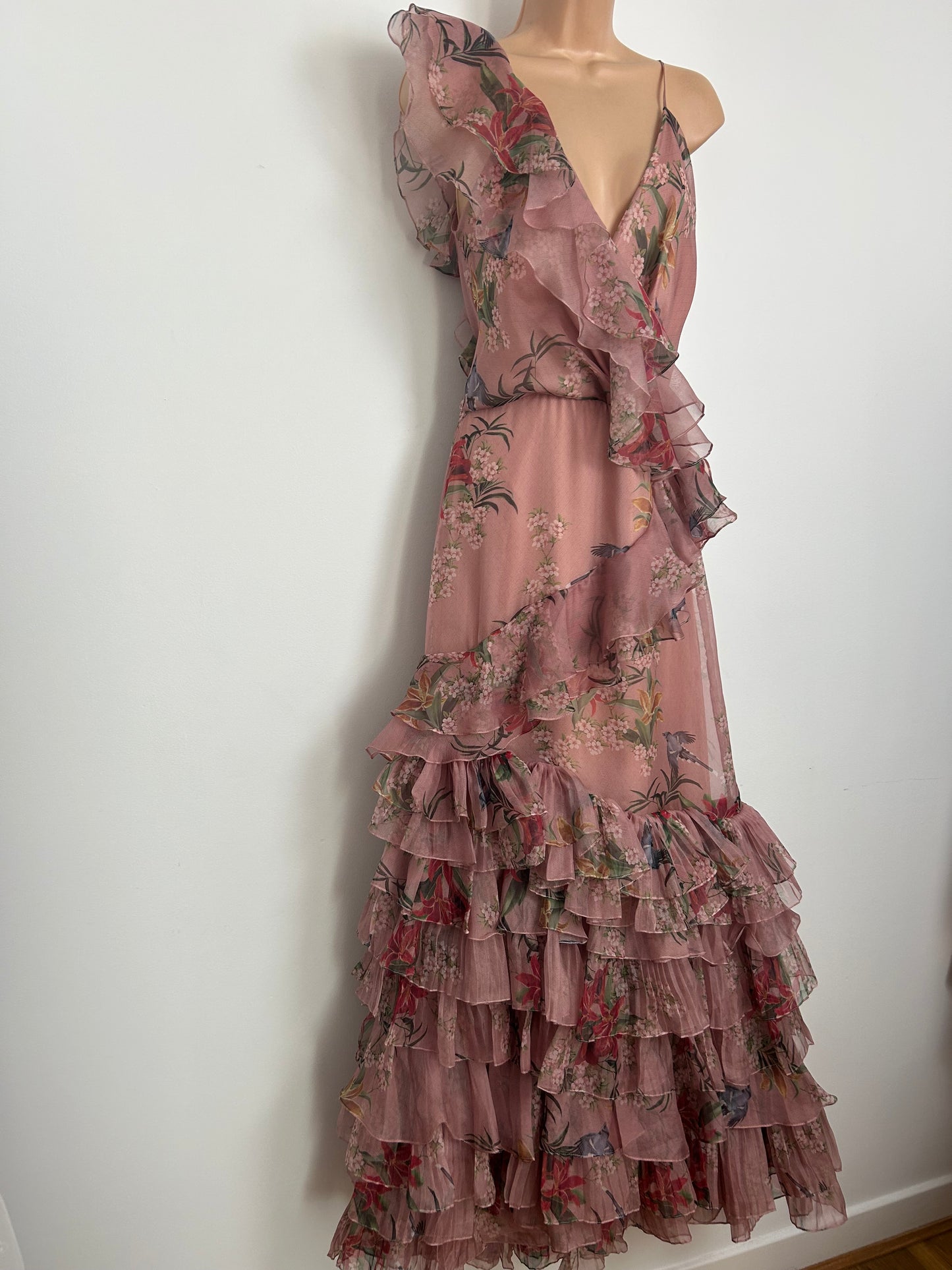 Designer JOHANNE ORTIZ Size 10 (US 6) Pale Pink Floral & Bird Print 100% Silk Ruffle Trim "The Place Of Silent Dress Occasion Maxi Dress