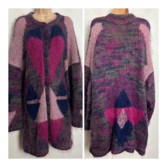 Vintage 1980s One Size Up To Size 16/18 Purple & Pink Tones Mohair Mix Longline Cardigan