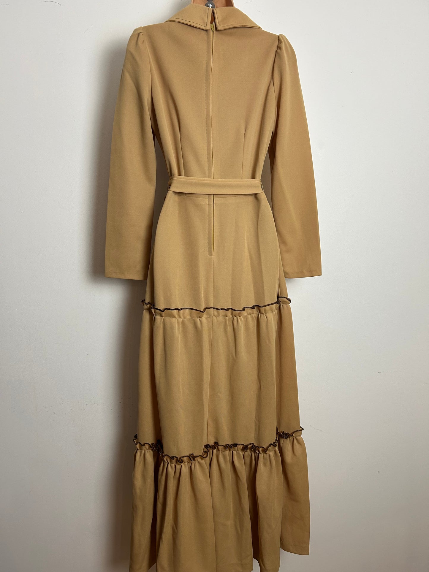 Vintage 1970s Size 10 Sandy Beige Crimplene Belted Tiered Long Sleeve Maxi Dress