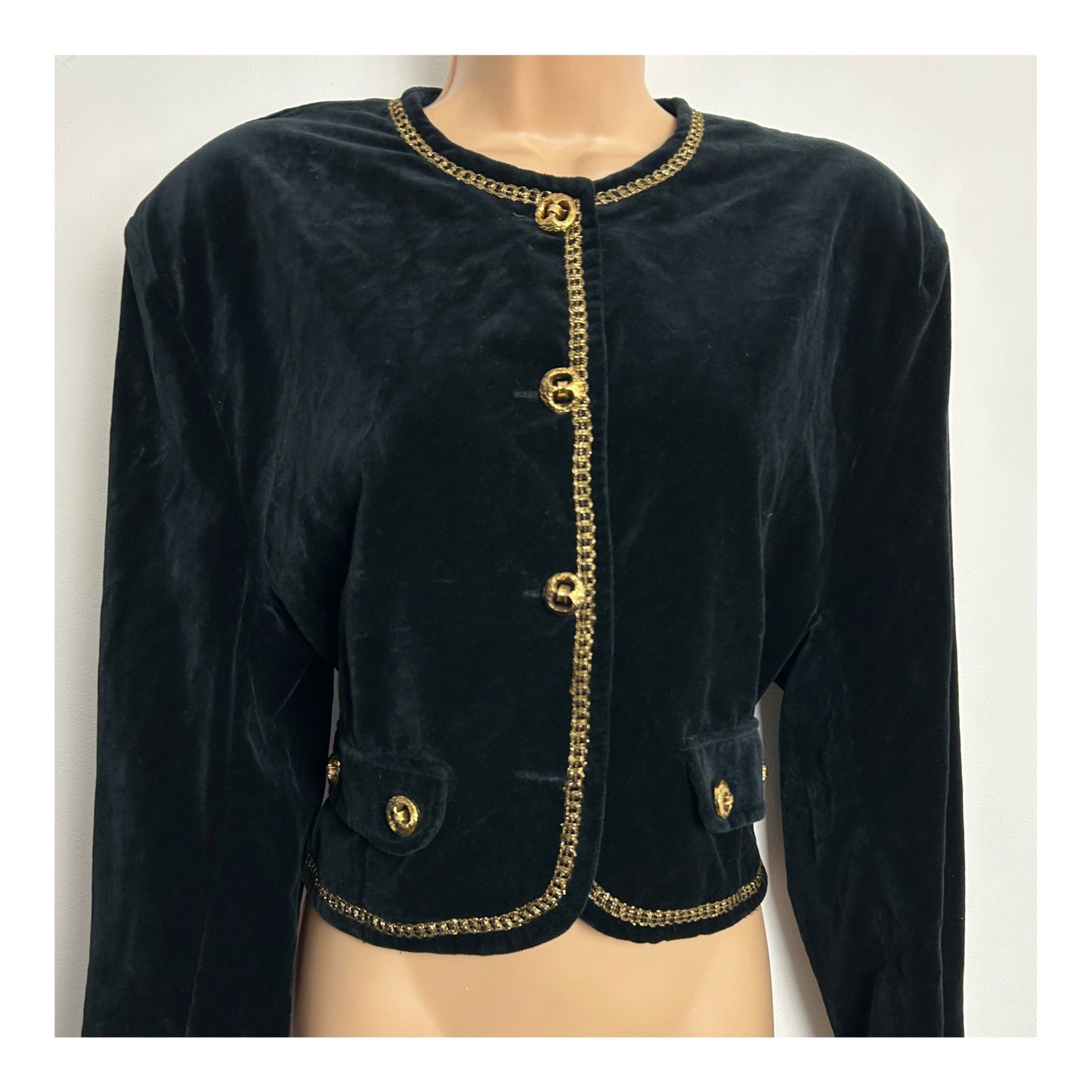 Vintage 1980s Size 14-16 Black & Gold Braid Trim Velvet Evening Jacket