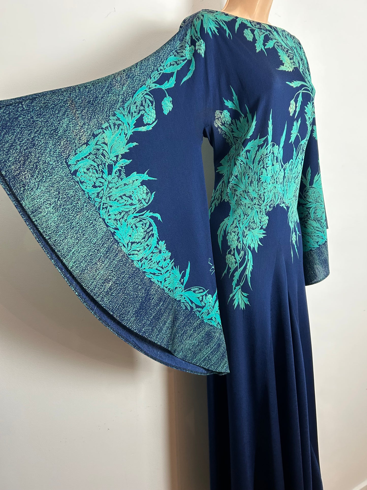 Vintage 1970s RARE PRINCESS RAYOUTI Made In Italy Size 12 Navy Blue & Green Tones Very Wide Sleeve Boho Maxi Dress