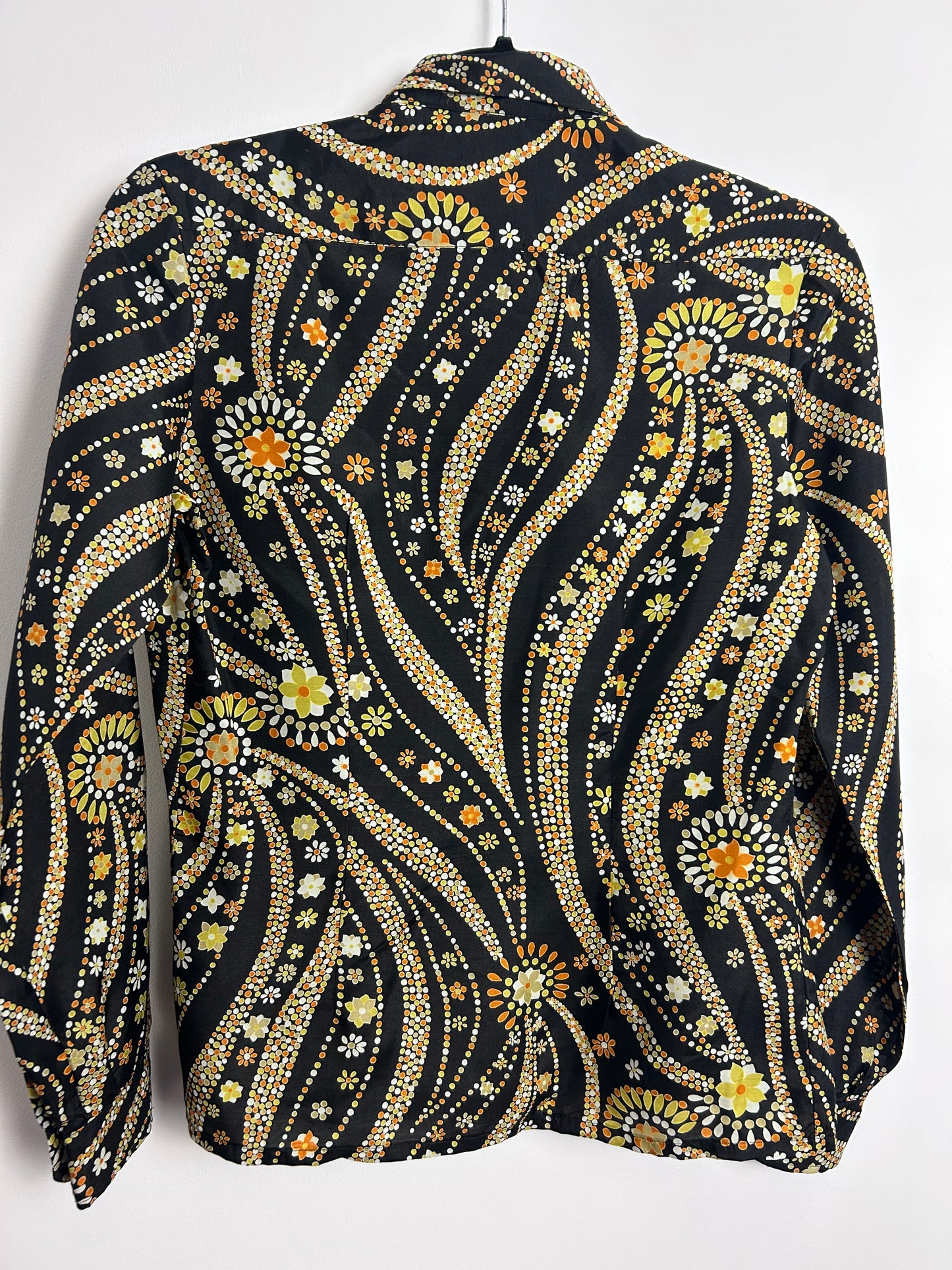 Vintage 1970s Designer FRANCK OLIVIER UK Size 10 100% SILK Black Orange Yellow & White Spot & Flower Print Long Sleeve Shirt