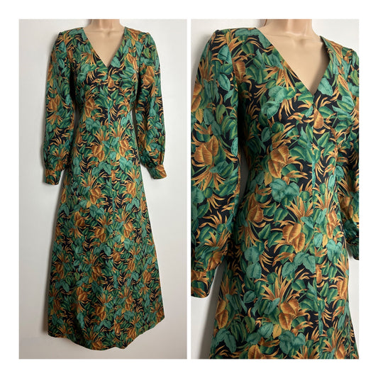Vintage 1970s Size 10 Black Green & Sandy Beige Leaf Print Maxi Dress