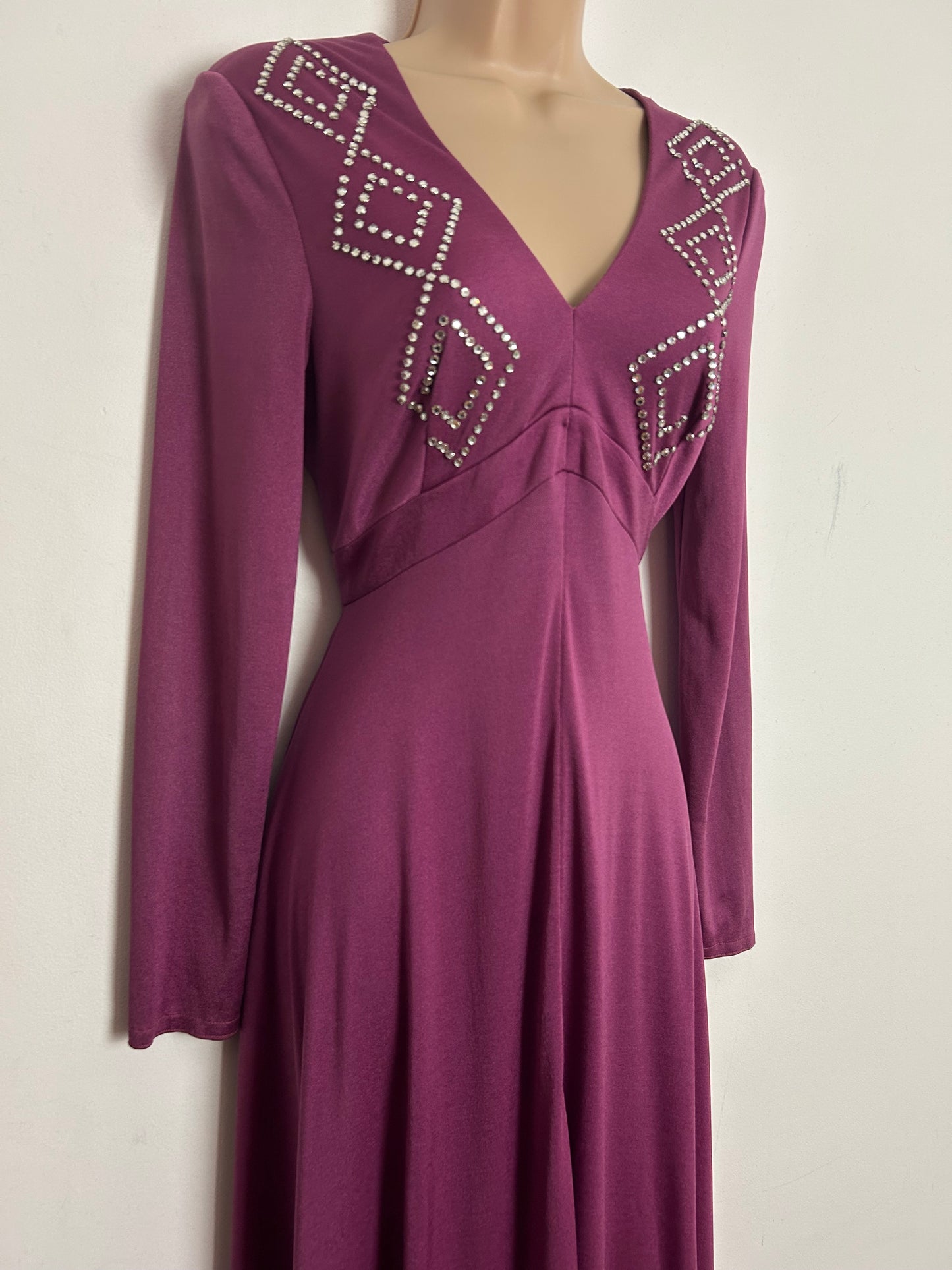 Vintage 1970s JOHN MARKS UK Size 8 Plum Purple Diamante Detail Long Sleeve Occasion Evening Maxi Dress