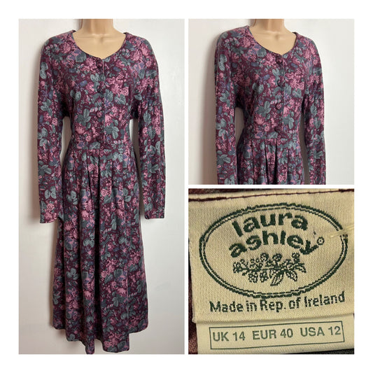 Vintage 80s LAURA ASHLEY UK Size 12 (Size 14 On Label) Plum Purple & Pink Floral Print Wool Mix Midi Dress Made In Rep Of Ireland