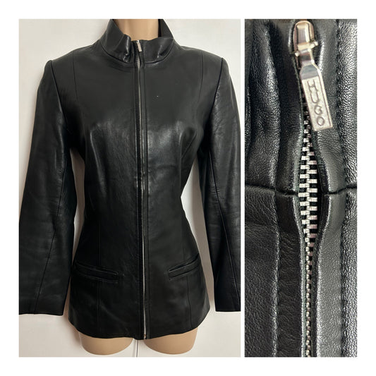 Vintage 1990s UK Size 8-10 "HUGO" Black Leather Zip Fronted Long Sleeve Jacket