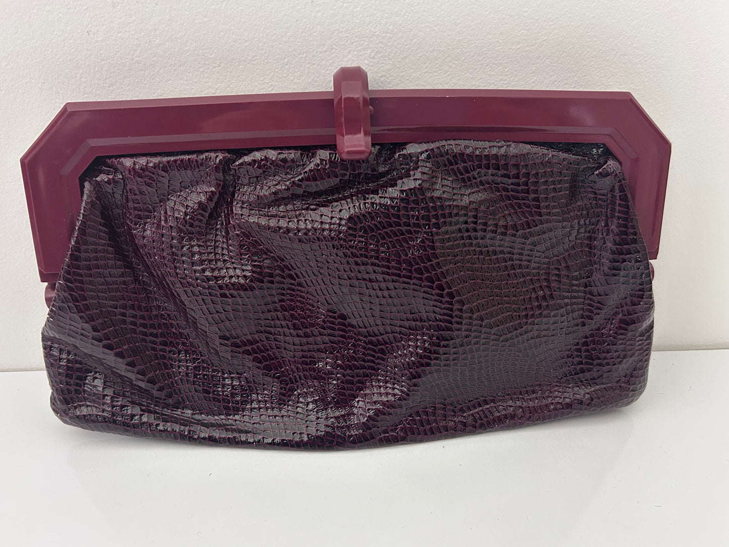 Vintage 1980s ITALIAN Burgundy Wine Red Mock Reptile Skin Clutch Bag