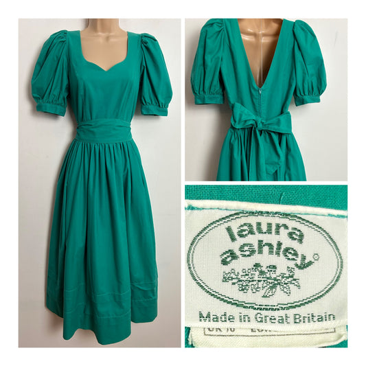 Vintage 1980s LAURA ASHLEY UK Size 6-8 (10 On Label) Jade Green Belted Short Sleeve Midi Ballgown Style Dress
