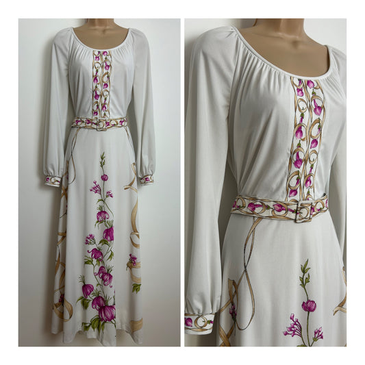 Vintage 1970s VERENA MODELLE Size 12 White Pink & Beige Floral Long Sleeve Belted Occasion Maxi Dress