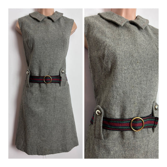 Vintage 1960s CALIFORNIA UK Size 8 Grey Wool Stripe Belted Mod Shift Dress
